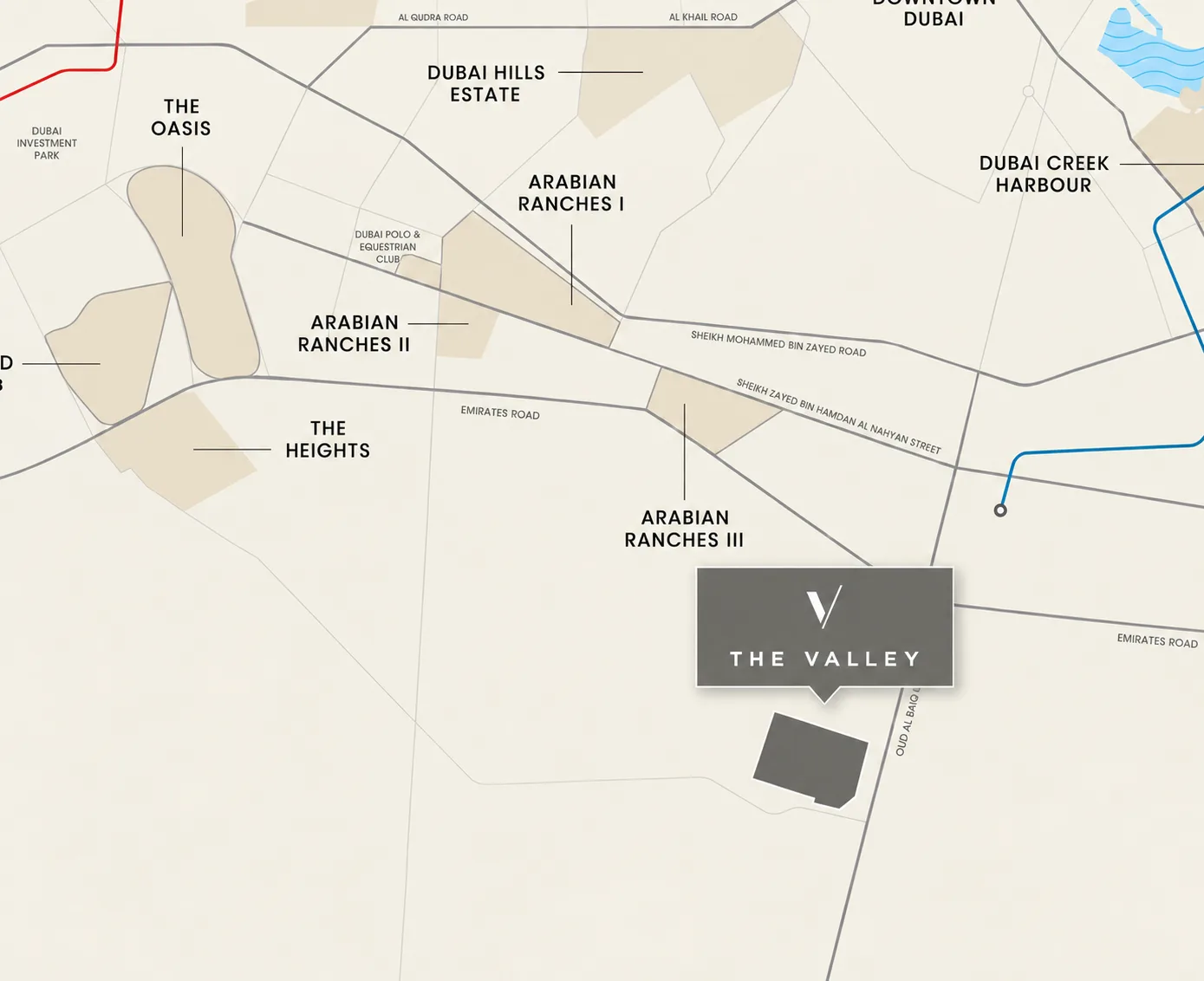 Map positioning Lunaya near Sheikh Zayed Road and major destinations in the Jebel Ali growth corridor